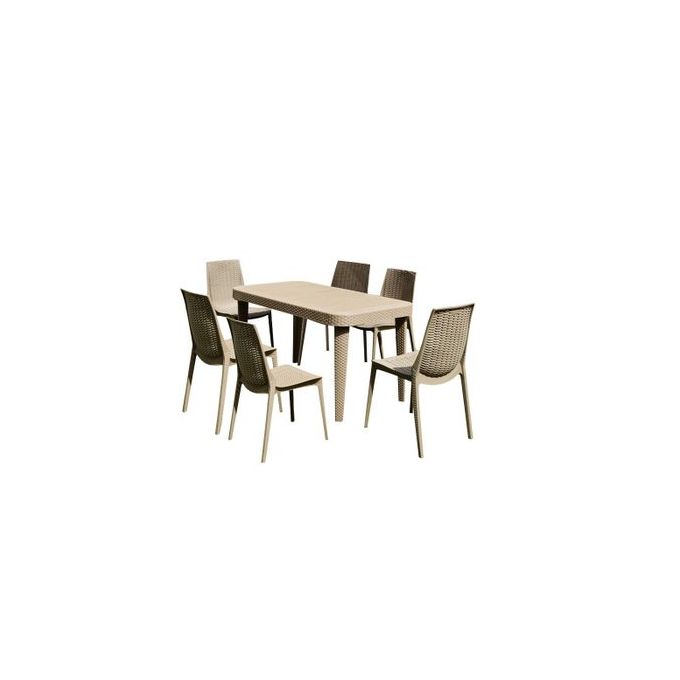 Salon Prestige - table + 6chaises - Effet Rotin - Grège