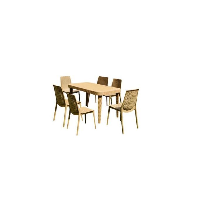 Salon Prestige - table + 6chaises - Effet Rotin -Taupe
