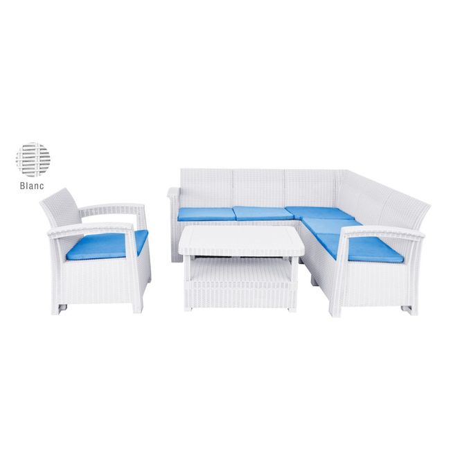 Syphax 5Places+1F Blanc Coussin Bleu - Salon jardin de coin